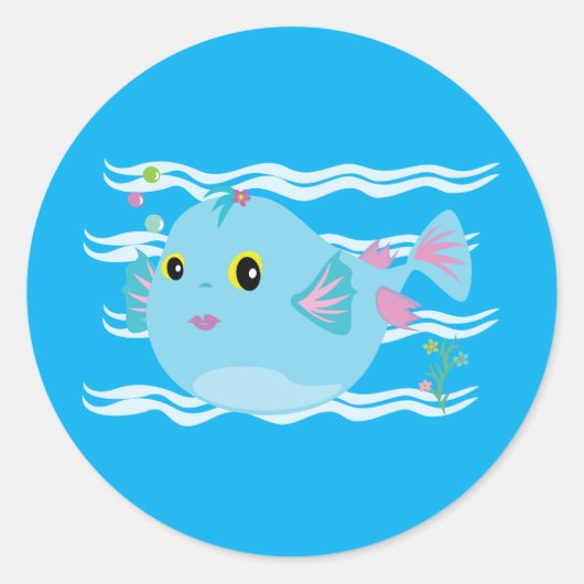 Cute Blue Tropical Fish Pink Fins Ronde Sticker (Voorkant)