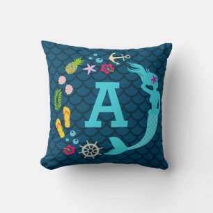 Cute Blue Tropical Mermaid Monogram Girls Kussen