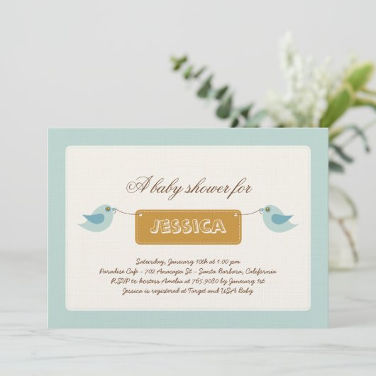 Cute Blue Twitters Baby shower Invitation Kaart (Staand voorkant)