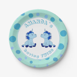 Cute Blue Unicorn Boys Twins Baby shower Party Papieren Bordje