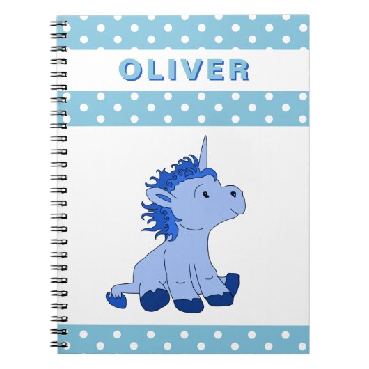 Cute Blue Unicorn Polka Dot Pattern Kind Name Notitieboek (Voorkant)