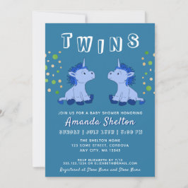 Cute Blue Unicorn Twin 2 Boys Baby shower Kaart