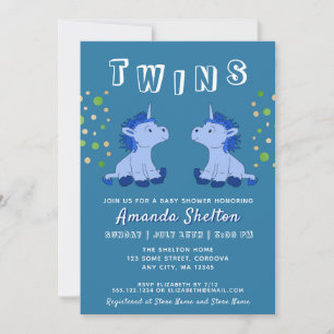 Cute Blue Unicorn Twin 2 Boys Baby shower Kaart