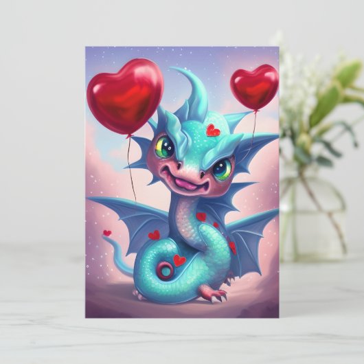 Cute Blue Valentijn Dragon Feestdagenkaart (Staand voorkant)