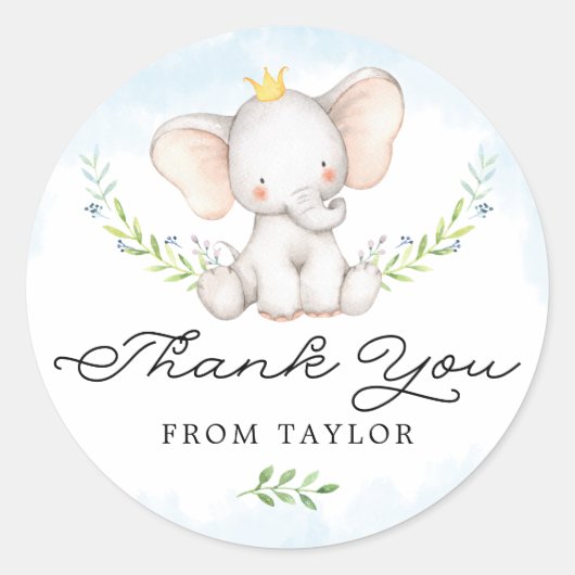 Cute Blue Waterverf Baby Elephant Bedankt Ronde Sticker (Voorkant)