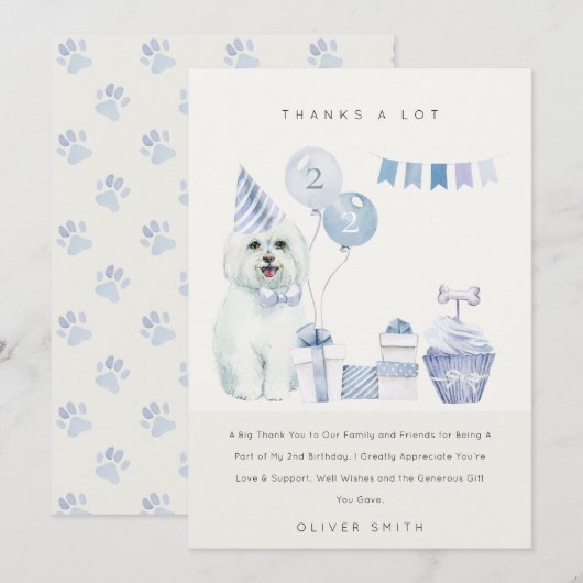 Cute Blue Waterverf Dog any Age Birthday Party Bedankkaart (Voorkant / Achterkant)