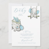 Cute Blue Waterverf Elephant Baby shower Kaart (Voorkant)