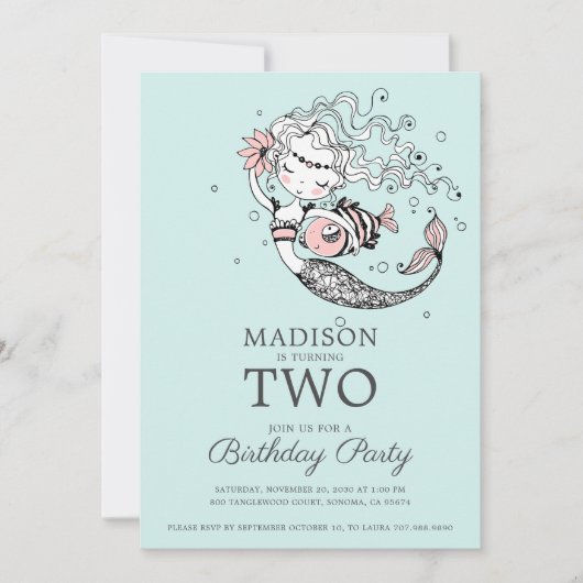 Cute Blue Waterverf Mermaid 2e verjaardag Kaart (Voorkant)