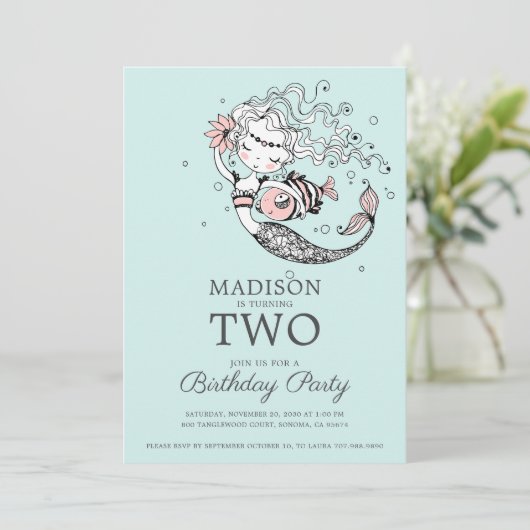 Cute Blue Waterverf Mermaid 2e verjaardag Kaart (Staand voorkant)