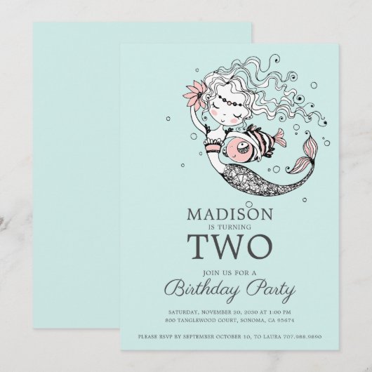 Cute Blue Waterverf Mermaid 2e verjaardag Kaart (Voorkant / Achterkant)