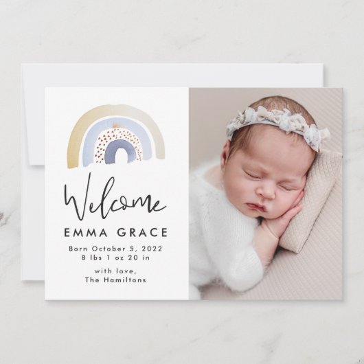 Cute Blue Waterverf Rainbow Birth Aankondiging (Voorkant)