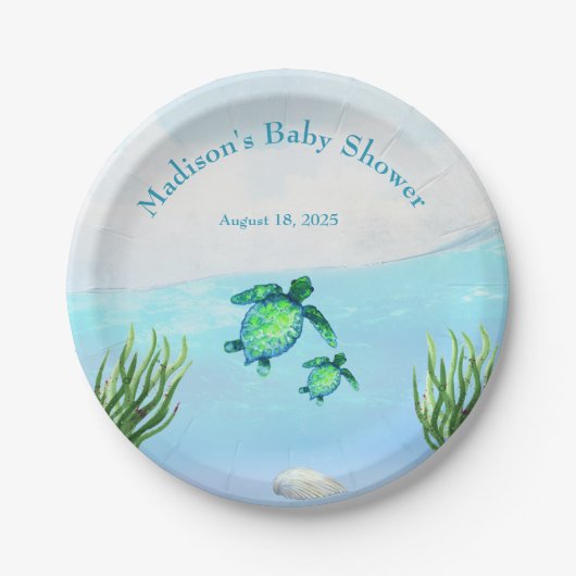 Cute Blue Waterverf Turtles Baby shower Papieren Bordje (Voorkant)