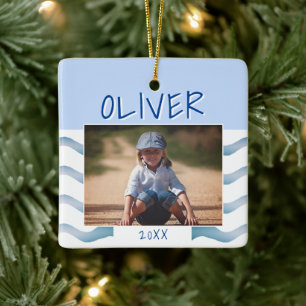 Cute Blue Waves Boy Foto Kinder kersttasje Keramisch Ornament