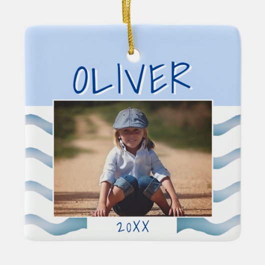Cute Blue Waves Boy Foto Kinder kersttasje Keramisch Ornament (Voorkant)