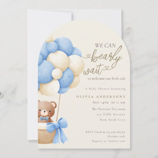 Cute Blue We can Bearly Wait Baby Shower Kaart (Voorkant)