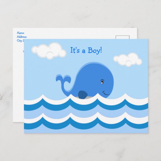 Cute Blue Whale Het is een Jongen Aankondiging Briefkaart (Voorkant / Achterkant)