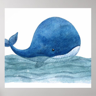 Cute Blue Whale Watercolor Illustration Poster