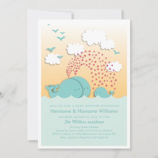 Cute Blue Whales Couples Baby shower Invite Kaart (Voorkant)