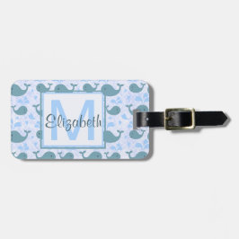 Cute Blue Whales Monogram Patroon Bagagelabel