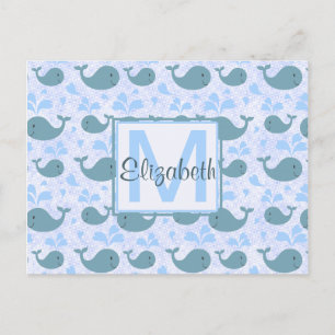Cute Blue Whales Pattern Monogram Briefkaart