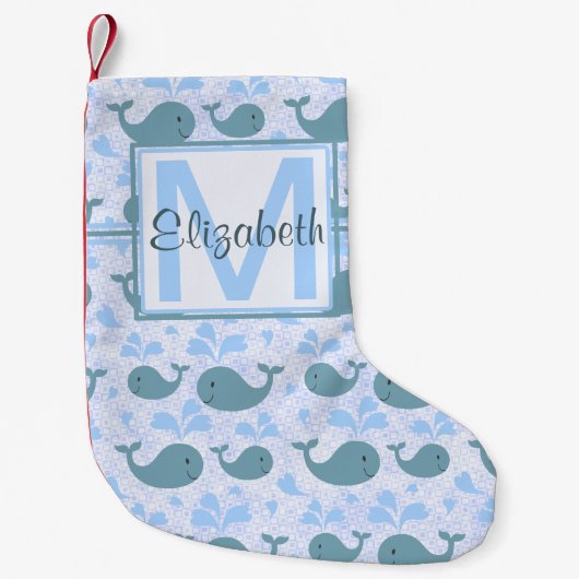 Cute Blue Whales Pattern Monogram Kleine Kerstsok (Voorkant)