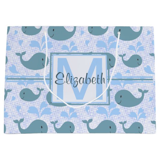 Cute Blue Whales Pattern Monogram Large Cadeautasje (Voorkant)