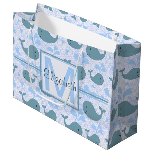 Cute Blue Whales Pattern Monogram Large Cadeautasje (Voorkant Gekanteld)