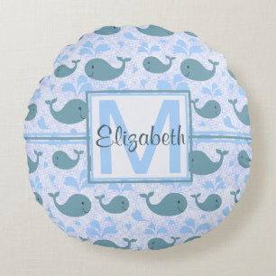 Cute Blue Whales Pattern Monogram Rond Kussen
