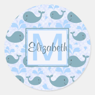 Cute Blue Whales Pattern Monogram Ronde Sticker