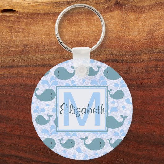 Cute Blue Whales Pattern Monogram Sleutelhanger (Voorkant)