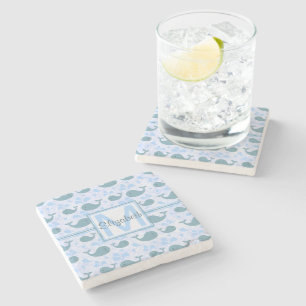 Cute Blue Whales Pattern Monogram Stenen Onderzetter