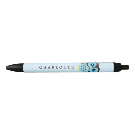 Cute Blue Whimsical Owl Zwarte Inkt Pen (Voorkant)