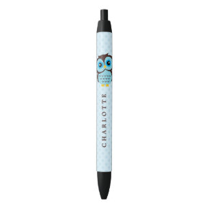 Cute Blue Whimsical Owl Zwarte Inkt Pen