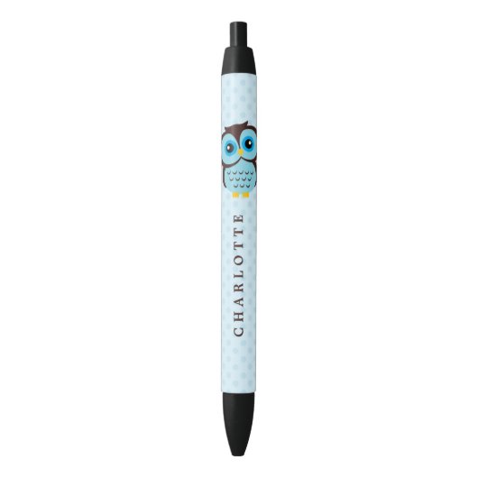 Cute Blue Whimsical Owl Zwarte Inkt Pen (Voorkant Verticaal)