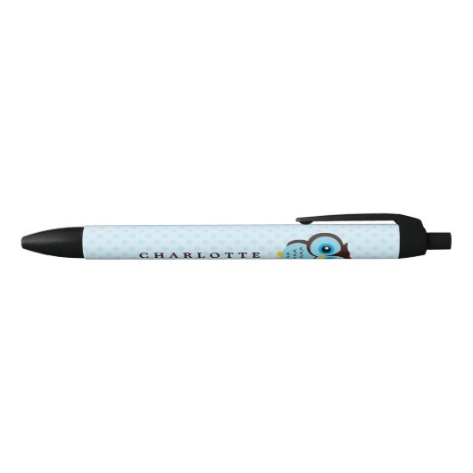 Cute Blue Whimsical Owl Zwarte Inkt Pen (Bovenkant)