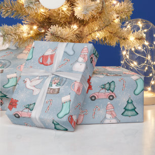 Cute Blue Whimsical-Waterverf kerstcadeau Cadeaupapier