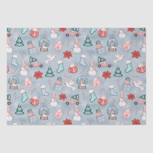 Cute Blue Whimsical Waterverf kerstcadeautje Tissuepapier (Voorkant)