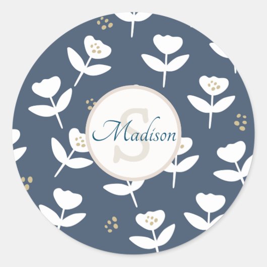 Cute Blue & White Floral Monogram Name Ronde Sticker (Voorkant)