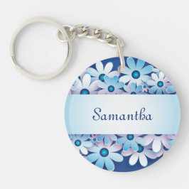 Cute Blue & White Flowers voegen Jouw naam toe Sleutelhanger