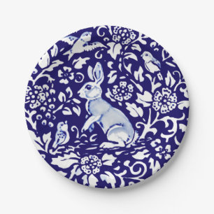 Cute Blue White Rabbit Standing Bunny Dedham Delft Papieren Bordje
