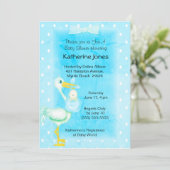 Cute Blue White Stork Baby Boy Shower Kaart (Staand voorkant)
