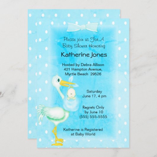 Cute Blue White Stork Baby Boy Shower Kaart (Voorkant / Achterkant)