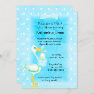 Cute Blue White Stork Baby Boy Shower Kaart