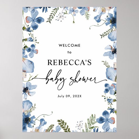 Cute Blue Wildflower Baby shower WelkomstPosters Poster (Voorkant)