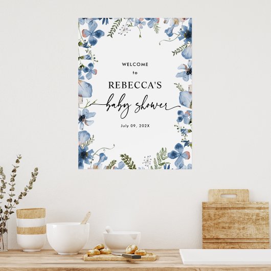 Cute Blue Wildflower Baby shower WelkomstPosters Poster (Keuken)