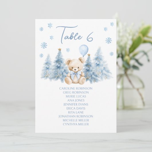 Cute Blue Winter Teddy Bear Baby Boy Table Number (Staand voorkant)