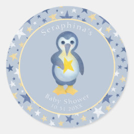 Cute Blue Yellow Baby Penguin Baby shower Ronde Sticker