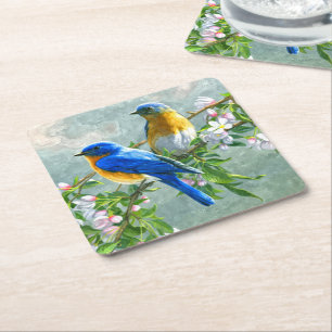 Cute Blue Yellow Birds Cherry Blossom Waterverf Kartonnen Onderzetters