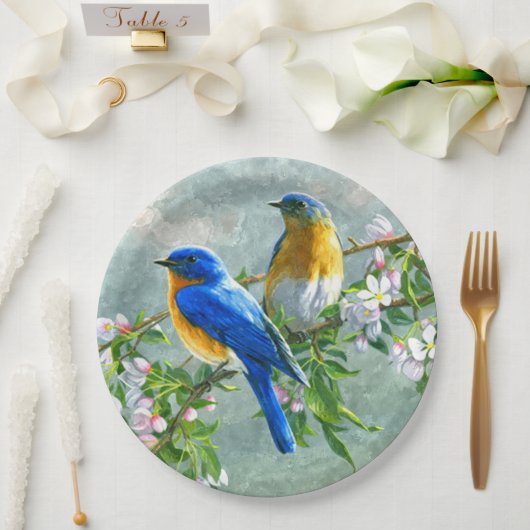 Cute Blue Yellow Birds Cherry Blossom Waterverf Papieren Bordje (Huwelijk)