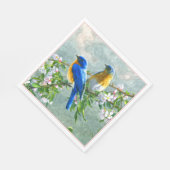 Cute Blue Yellow Birds Cherry Blossom Waterverf Servet (Hoek)